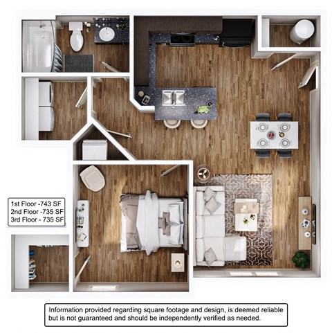 Floor plan for 1 bed, 1 bath, 743 sqft